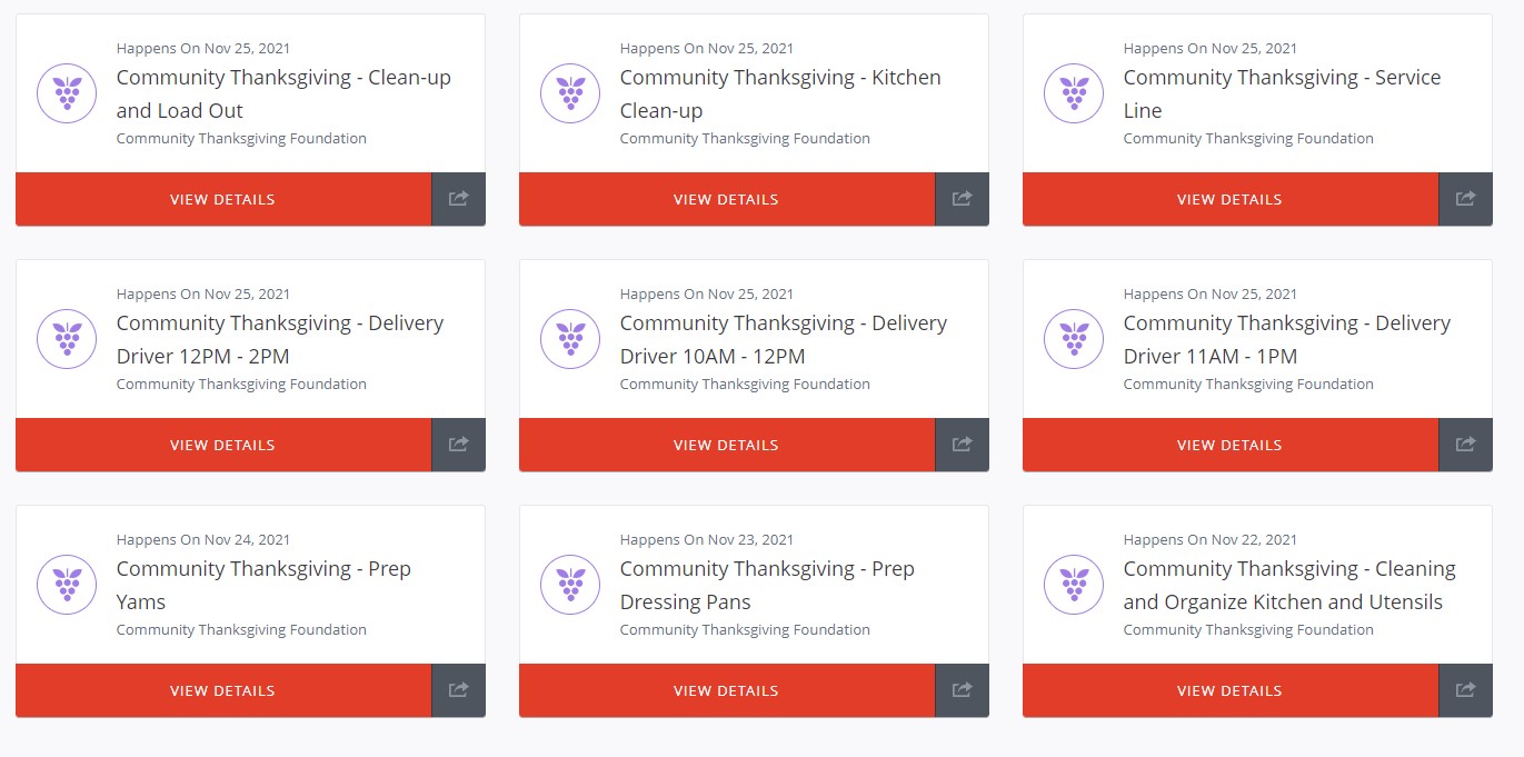 screenshot of thanksgiving volunteer opps